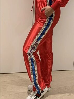 Gucci Red Track Pants with Blue & Silver Sequin Side Stripe